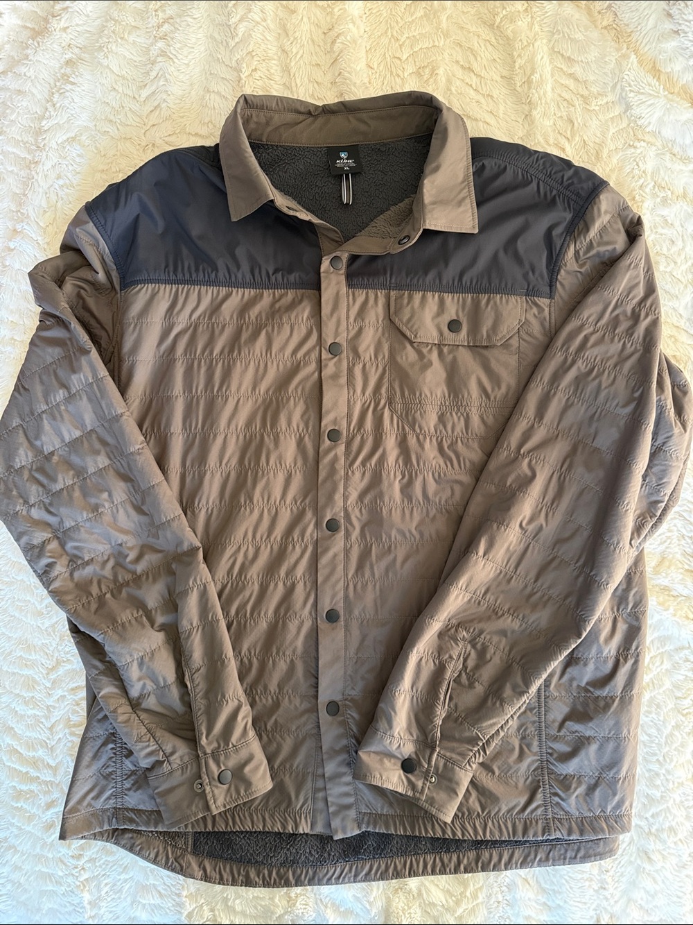 Kuhl Men's Lightweight Quilted Shirt Jacket in Taupe with Black Yoke